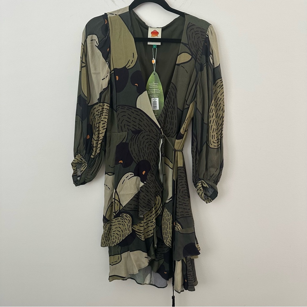 FARM Rio Olive and Black Bird Print Long Sleeve Dress
